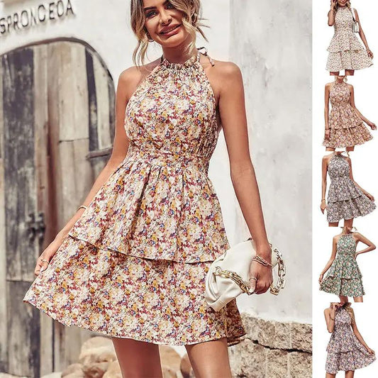 Summer Printed Halter Dress Fashion Backless Ruffled