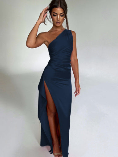 Sexy One-shoulder Backless Split Satin Dress