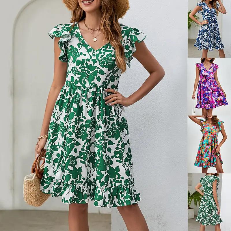 Leaf Print Dress Summer V-neck Ruffled Sleeveless in assorted colors displayed on smiling model.