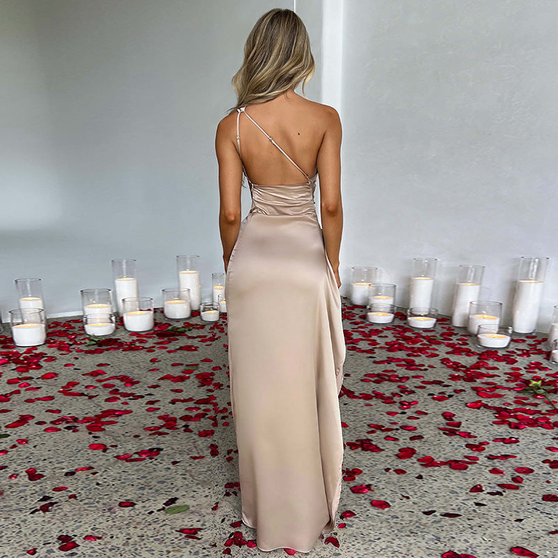 Sexy One-shoulder Backless Split Satin Dress