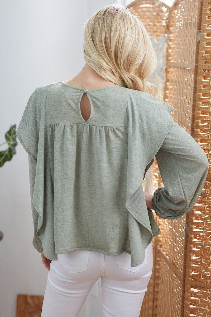 Draped Ruffle Longsleeve Top in Sage with elegant design and soft fabric.