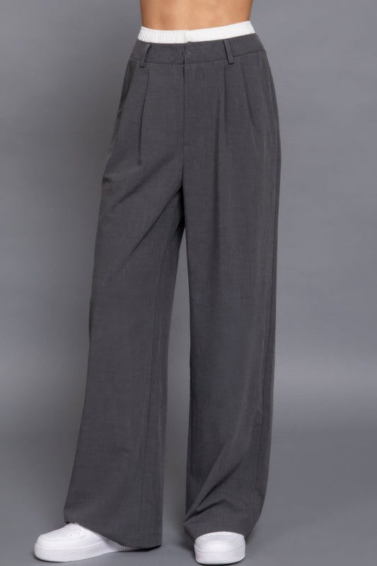 Heather charcoal straight long pants with a contrast waist and relaxed fit, offering comfort and style.