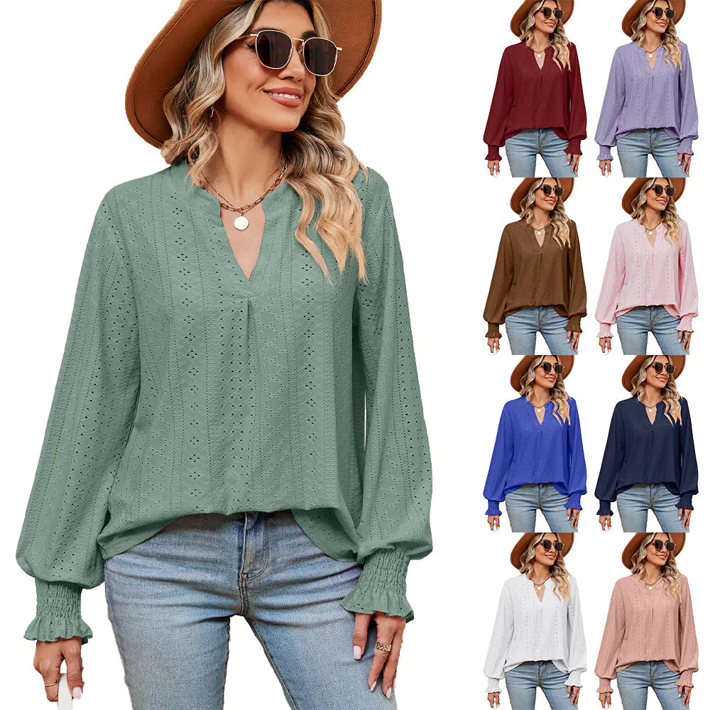 Women's Casual Loose V-Neck Long Sleeve T-Shirt