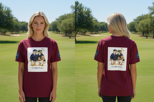 Maroon t-shirt with 'Terrible Twins' graphic on a white background