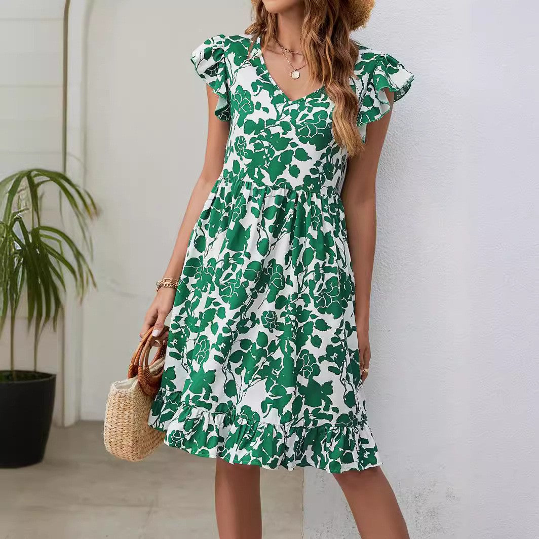 Leaf Print Dress Summer V-neck Ruffled Sleeveless