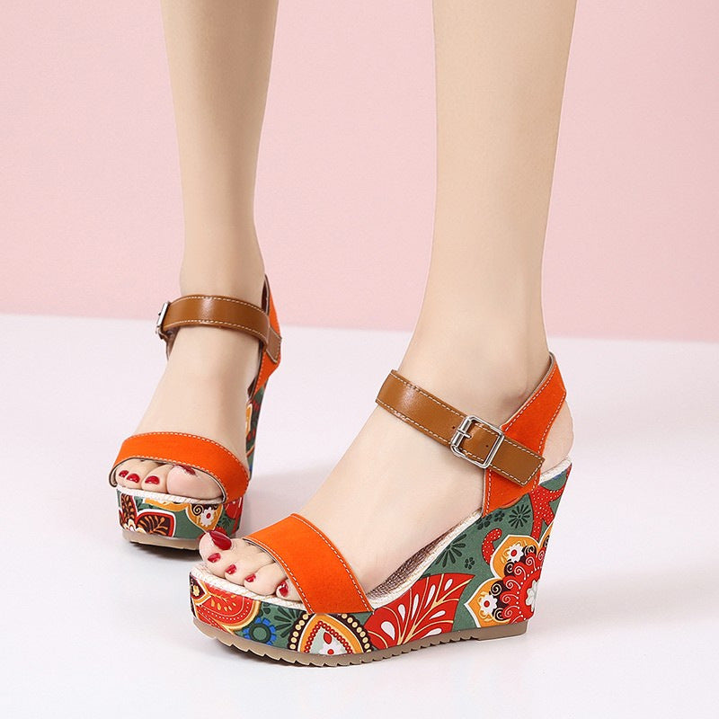 Flowers Embroidered High Wedge Sandals with Toe Platform Buckle Shoes