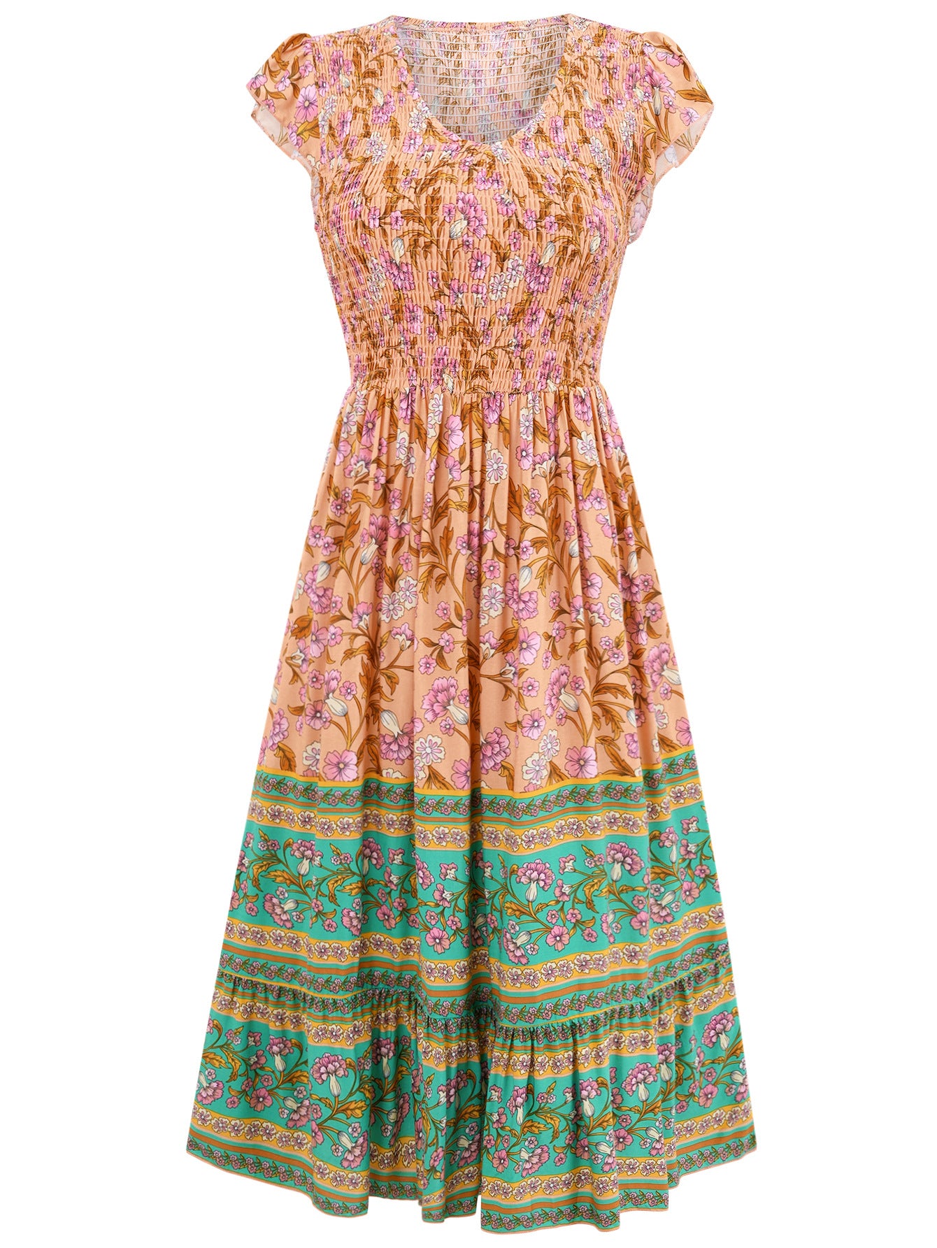 Flowers Print V-neck Ruffle Sleeveless Bohemian Holiday Beach Dress