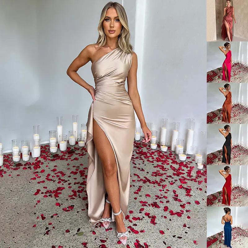 Sexy One-shoulder Backless Split Satin Dress