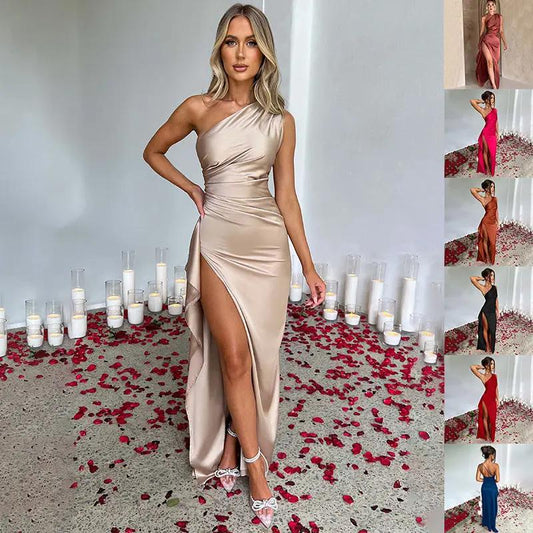 Sexy One-shoulder Backless Split Satin Dress