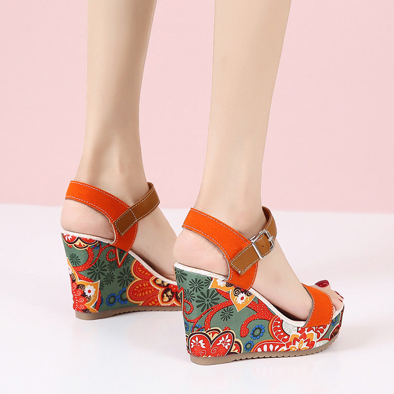 Flowers Embroidered High Wedge Sandals with Toe Platform Buckle Shoes