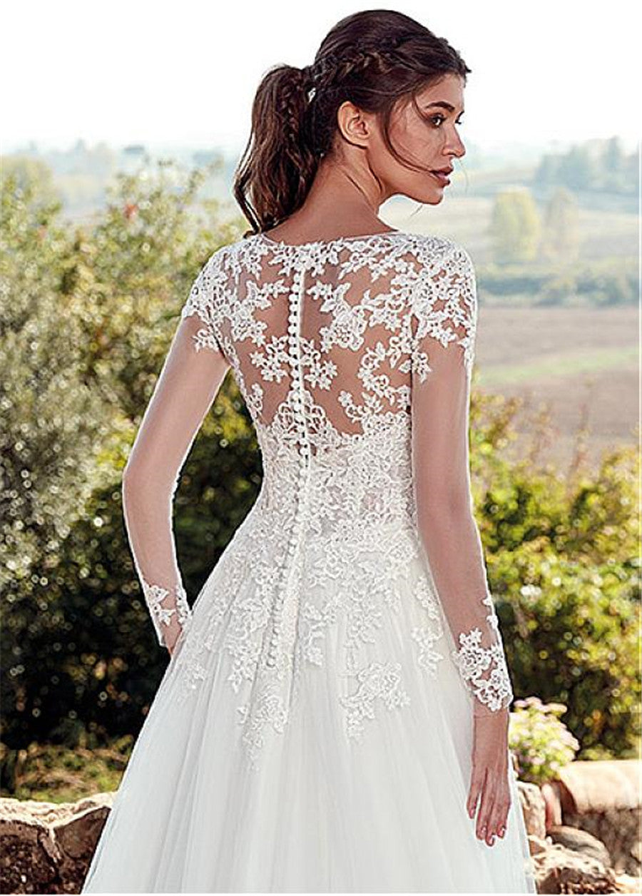 High U-neck Lace Long Sleeve A- Line Long Tail Simple Wedding Dress