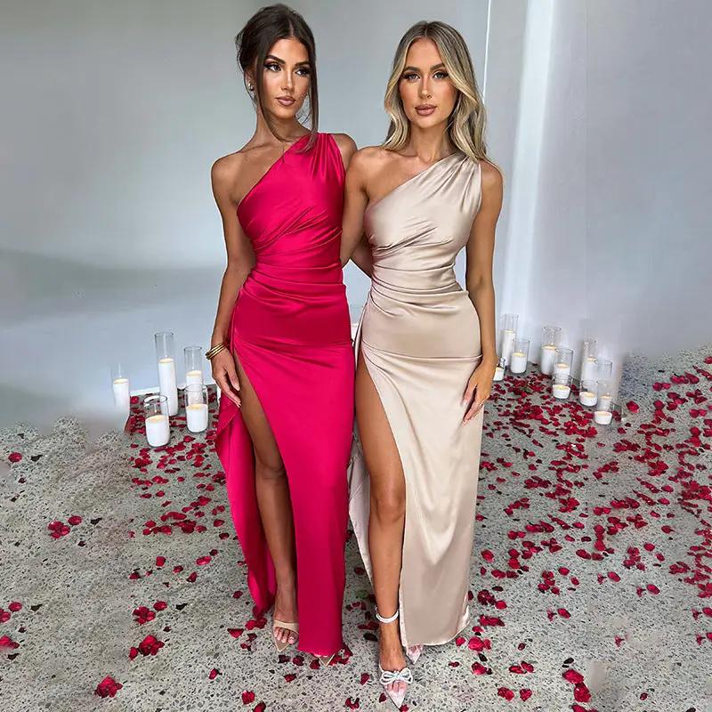 Sexy One-shoulder Backless Split Satin Dress