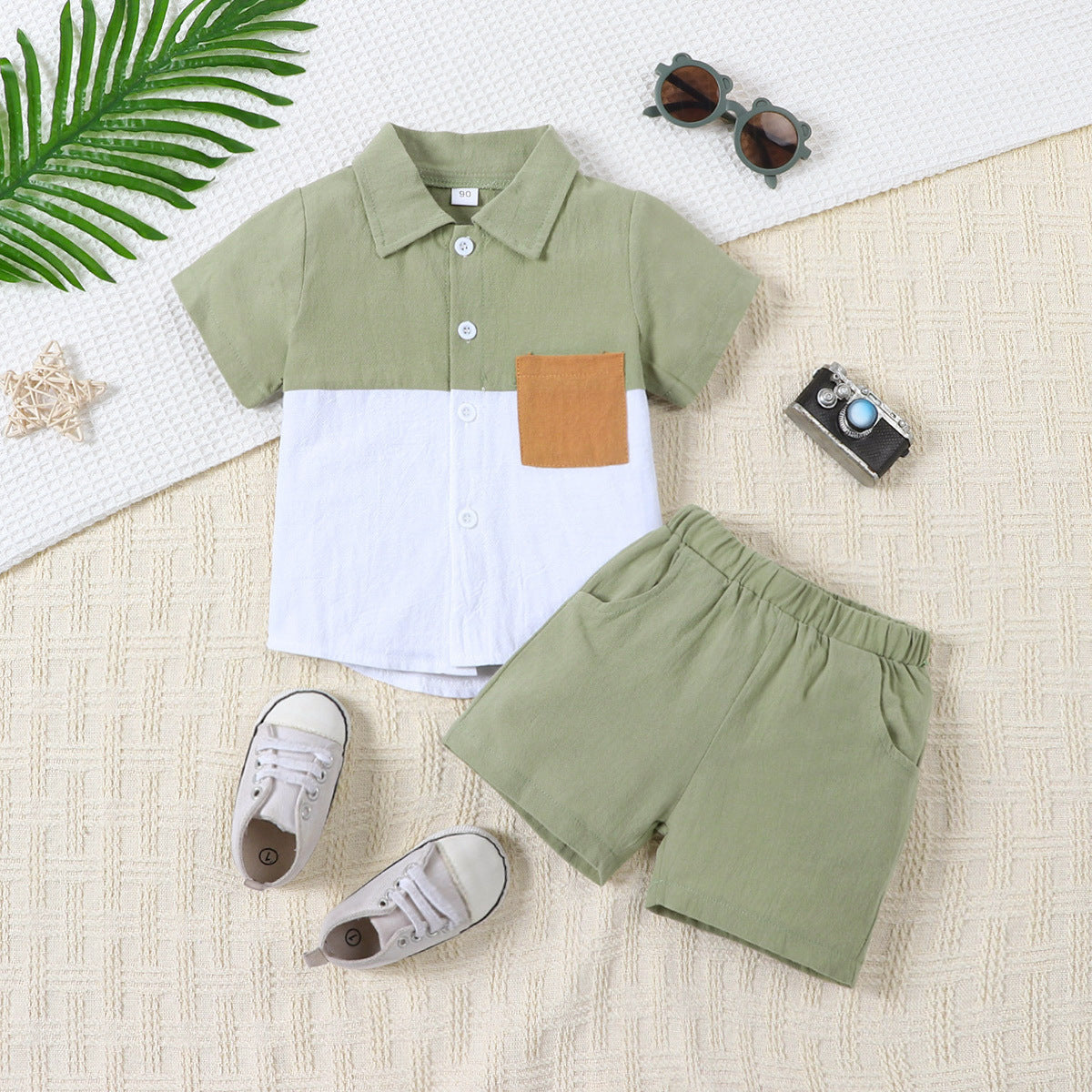 Boys' Summer Cotton And Linen Casual Short-sleeved Shirt And Shorts Suit