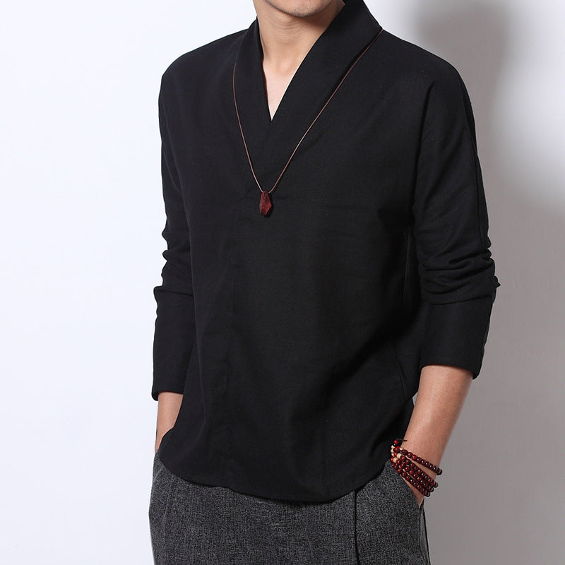 New Linen Shirt Men's Long-Sleeved Loose Tea Clothes Zen Clothes