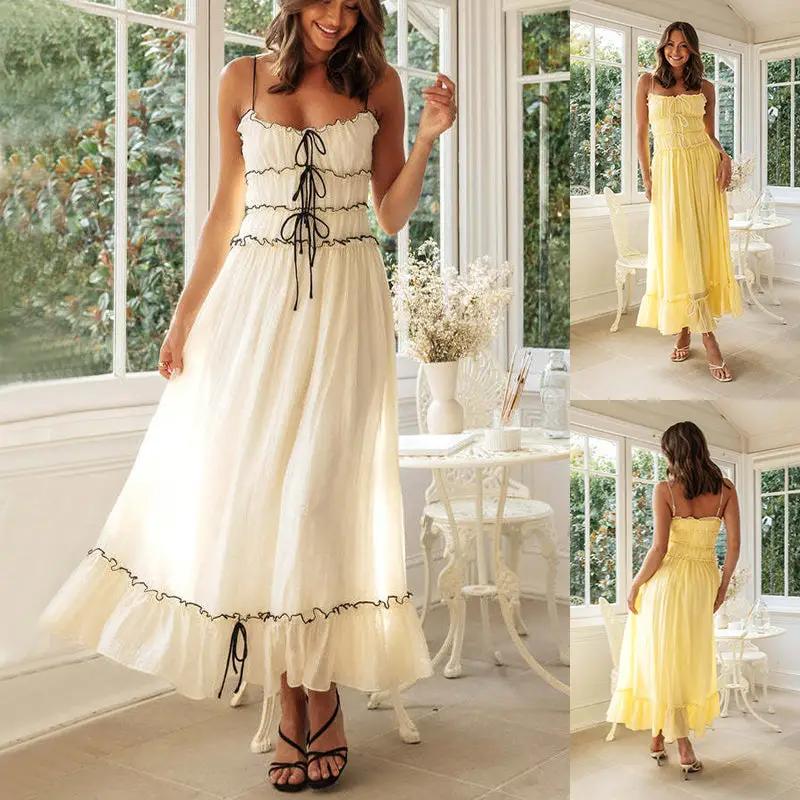 Summer Suspender Spaghetti Strap Long Dresses With Bow Pleat Design