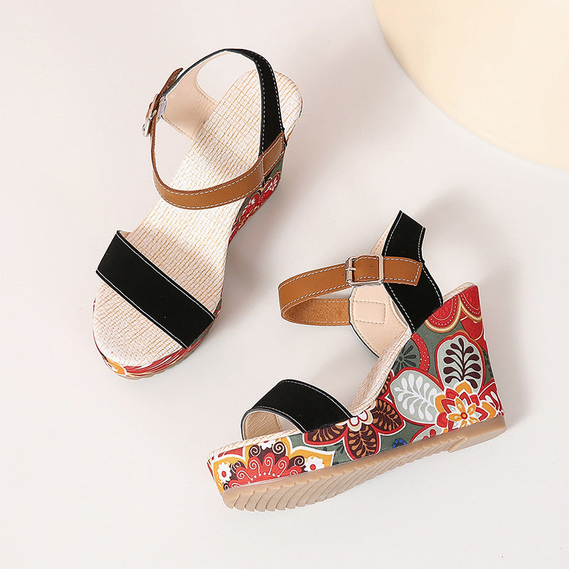 Flowers Embroidered High Wedge Sandals with Toe Platform Buckle Shoes
