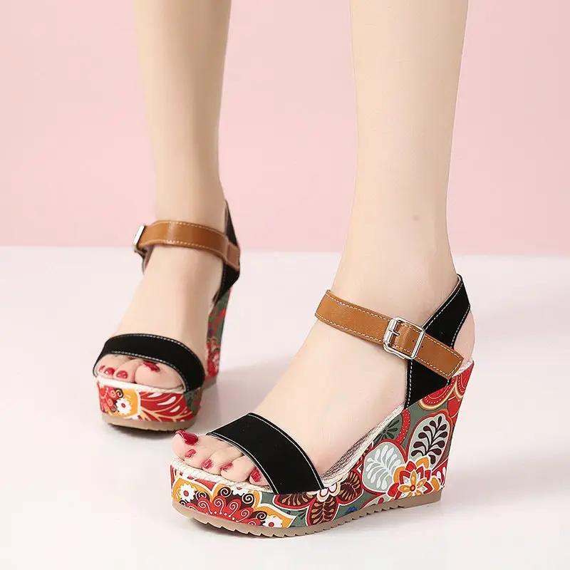 Flowers Embroidered High Wedge Sandals with Toe Platform Buckle Shoes