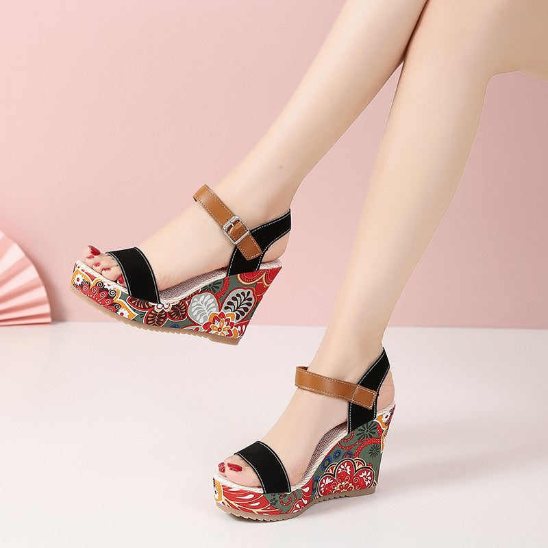 Flowers Embroidered High Wedge Sandals with Toe Platform Buckle Shoes