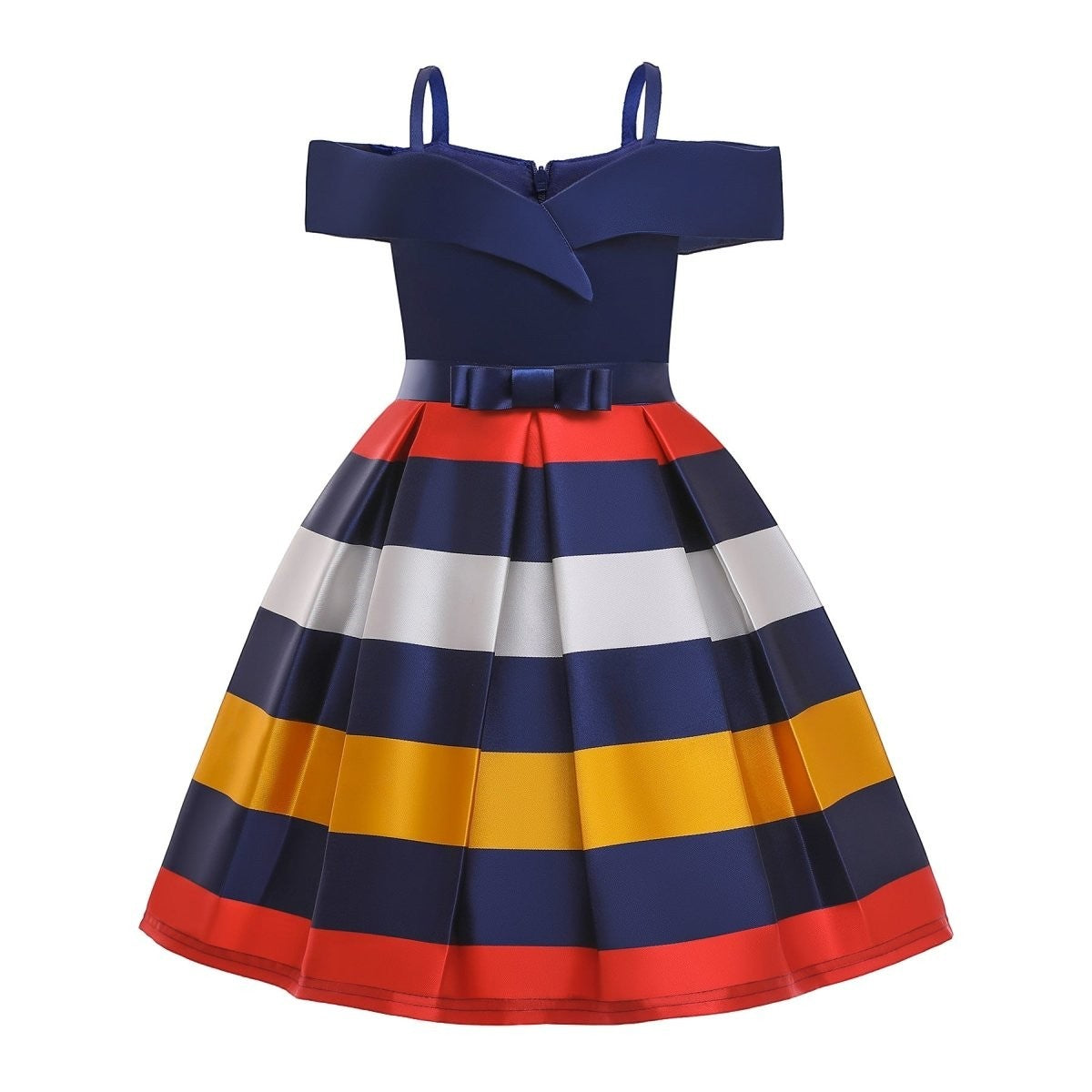 Fashion sling dress children's strapless striped birthday dress in polyester.