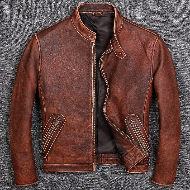 Layer Cowhide Leather Jacket with stand-up collar and zipper in brown, featuring side seam pockets.