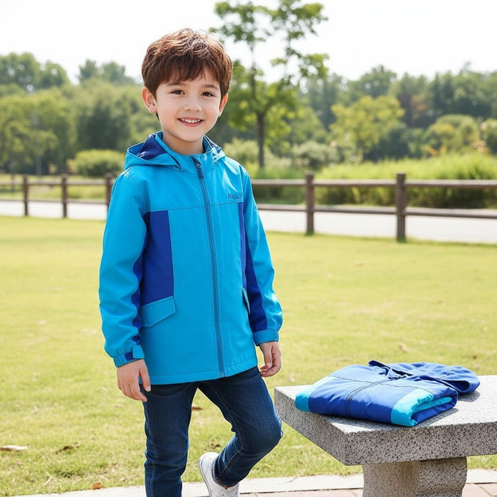 A young boy wearing a GIGI & POPO blue and navy hooded windbreaker jacket while standing in a sunny park.
