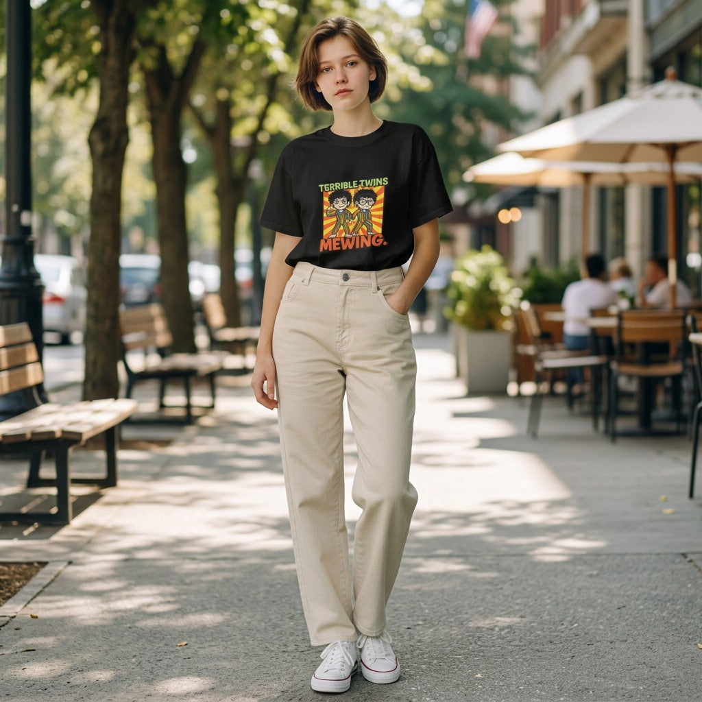 A woman wearing a GIGI & POPO custom black DTG-printed t-shirt with a graphic design, styled with beige trousers.
