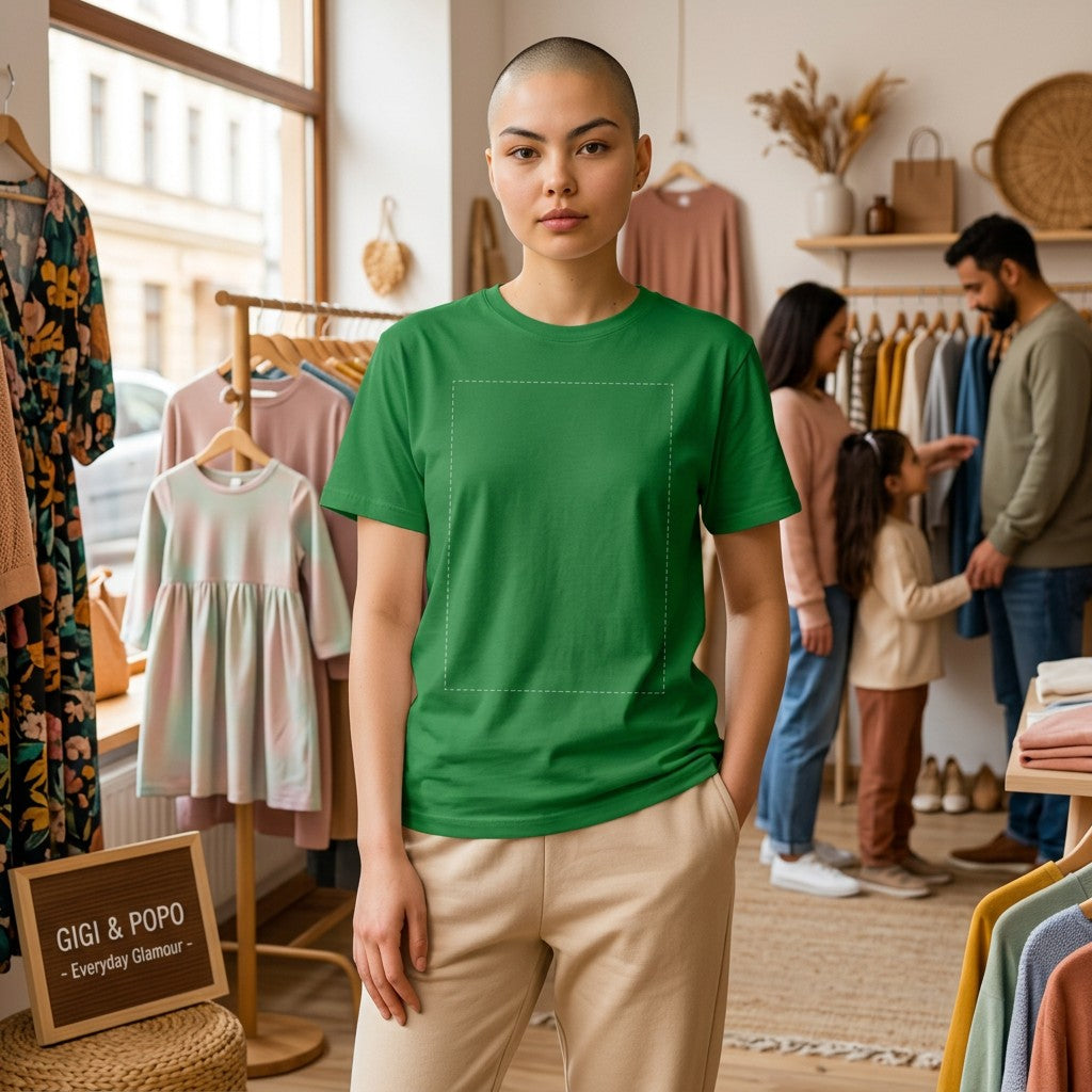 A person wearing a green GIGI & POPO custom unisex cotton t-shirt with a blank design area in a clothing store.