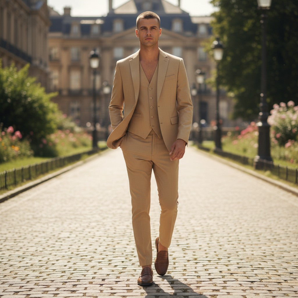 GIGI & POPO plus size men's beige cotton suit with flat lapel collar, worn by a model on a cobblestone path.