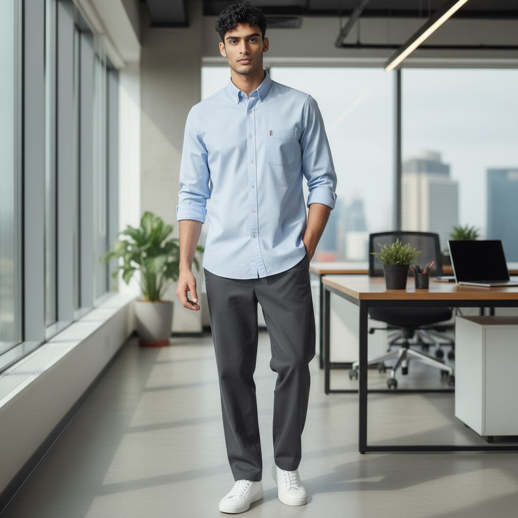 GIGI & POPO men's light blue button-down casual shirt with a chest pocket, worn by a model in a modern office setting.