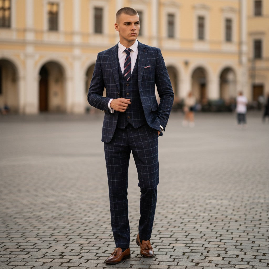 GIGI & POPO navy plaid three-piece business suit with flat collar and resin buttons worn by a man in a city square.