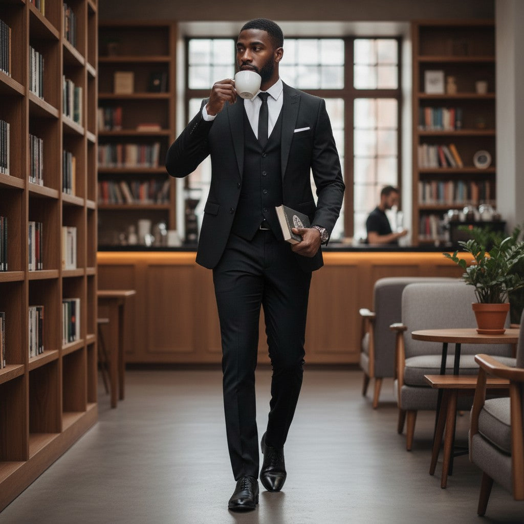 GIGI & POPO black cotton three-piece suit with flat lapel collar worn by a man drinking coffee in a library