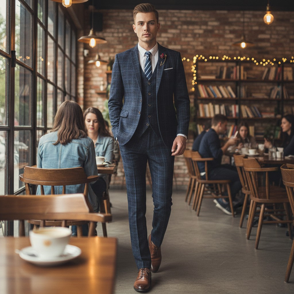 GIGI & POPO navy blue plaid 3-piece slim fit suit worn by a man in a cafe, featuring a jacket, vest, and trousers.