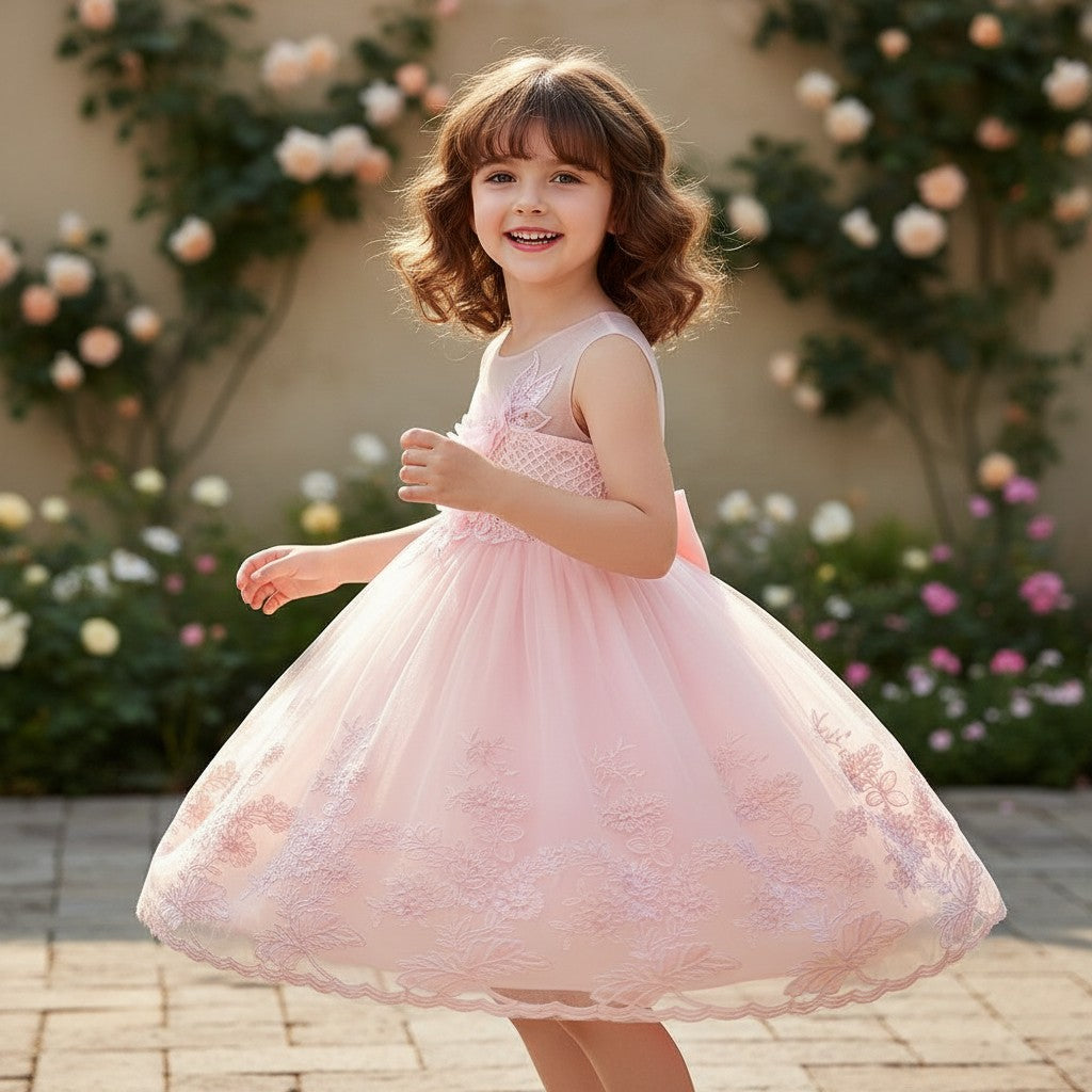 GIGI & POPO sleeveless pink tulle flower girl dress with delicate embroidery and a full skirt in a garden setting