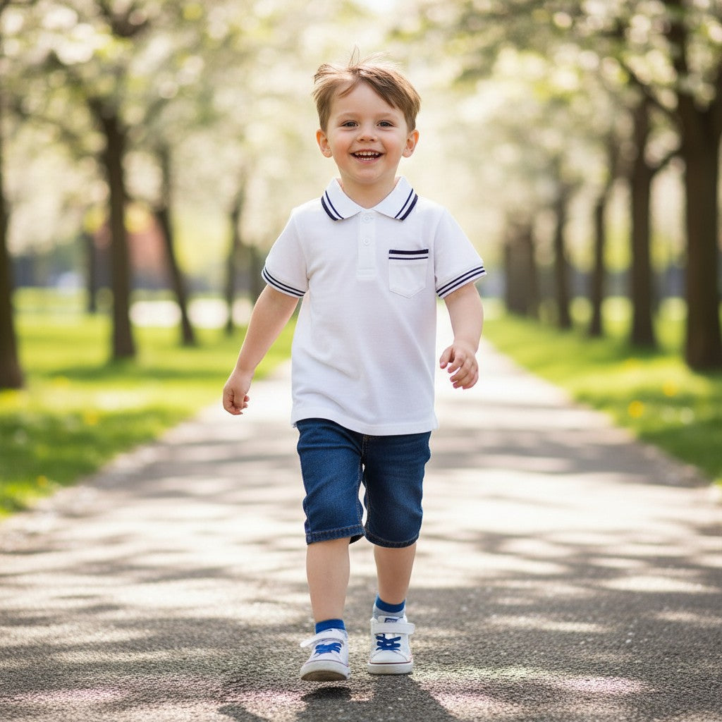 GIGI & POPO white cotton polo shirt with short sleeves and navy trim worn by a smiling boy in a park