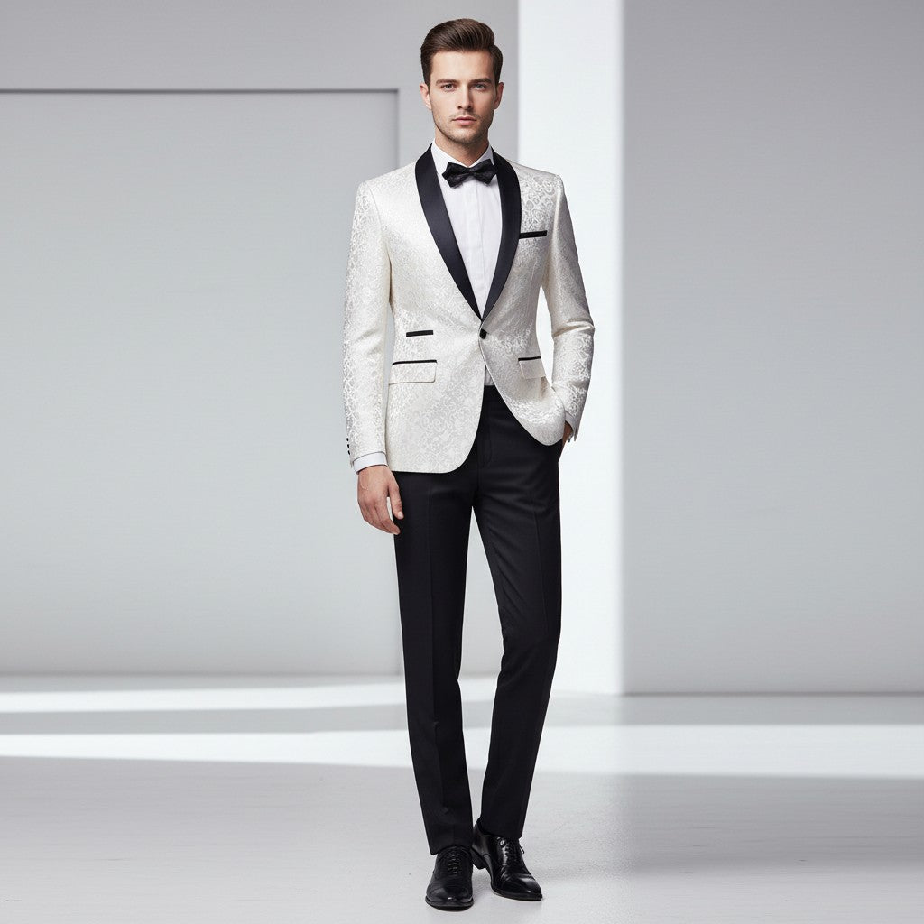 GIGI & POPO white patterned tuxedo jacket with black shawl lapel and black trousers for formal wedding attire