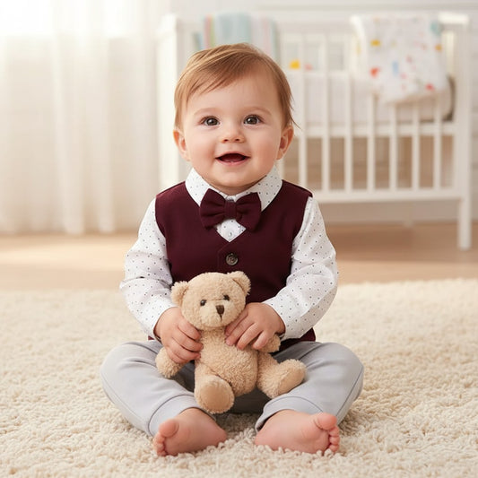 GIGI & POPO baby boy wearing a burgundy vest, polka dot shirt, and bowtie, sitting on a rug with a teddy bear.