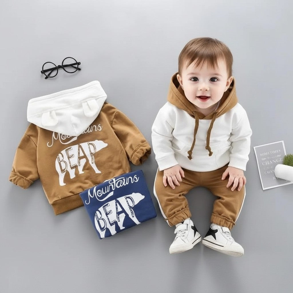 GIGI & POPO baby knit hoodie and jogger set with bear graphic, available in ginger, white, and royal blue.