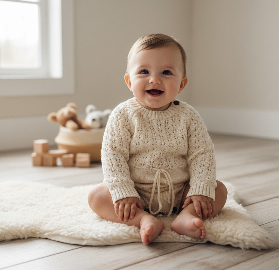 GIGI & POPO baby girl wearing a cream knitted long-sleeve dress with a delicate cutout waist detail sitting on a rug.