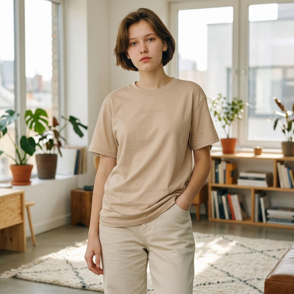 A woman wearing a beige GIGI & POPO custom cotton t-shirt in a bright, modern living room setting.