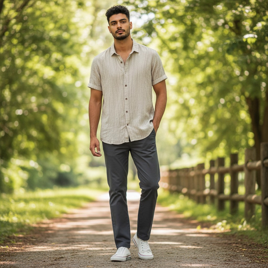 GIGI & POPO men's short-sleeve beige linen-blend shirt with a distressed texture, worn with dark trousers outdoors.