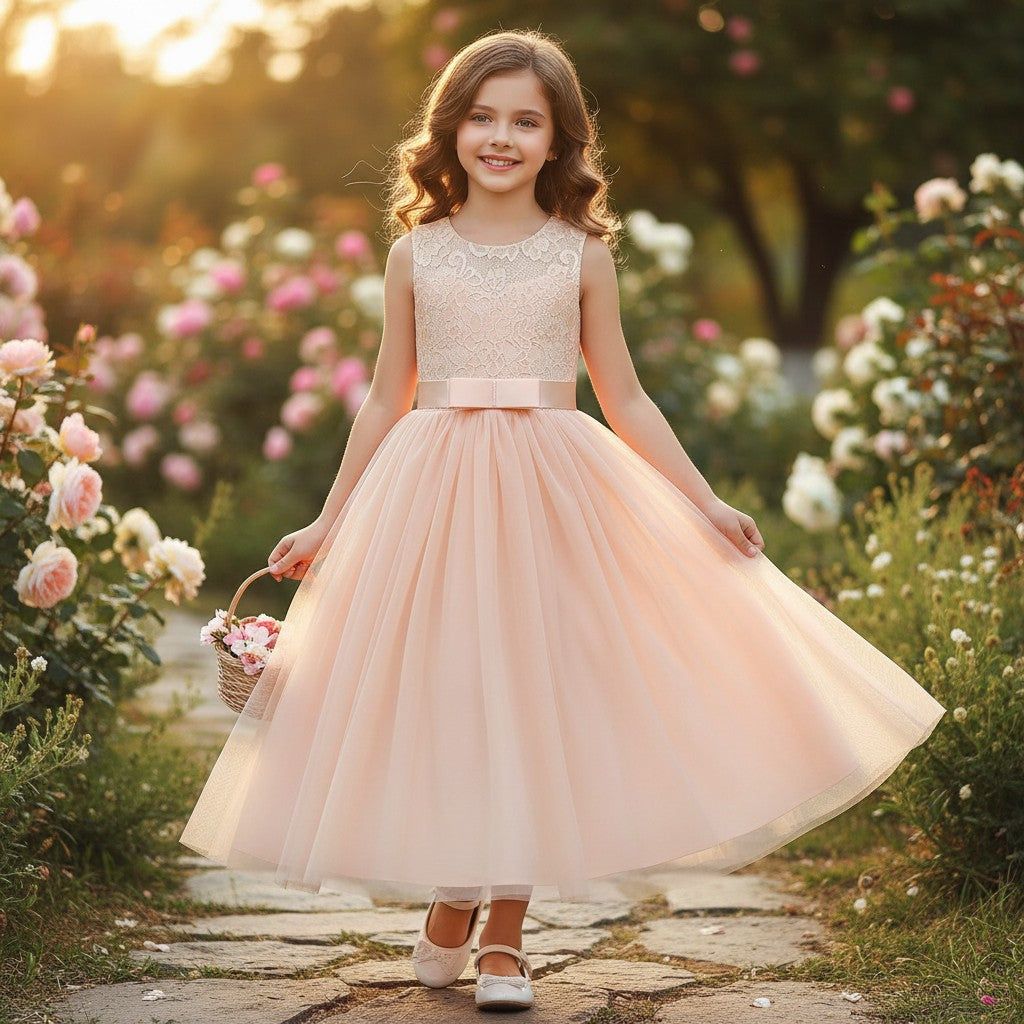 GIGI & POPO girl wearing a blush pink lace and tulle wedding dress with a bow waist in a garden setting