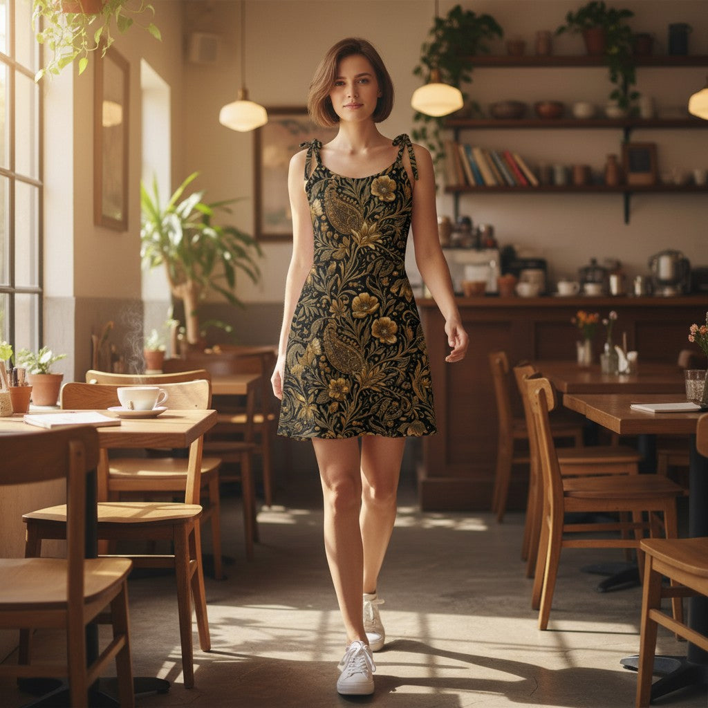 GIGI & POPO bohemian print midi slip dress with tie straps and floral pattern worn by a woman in a cafe