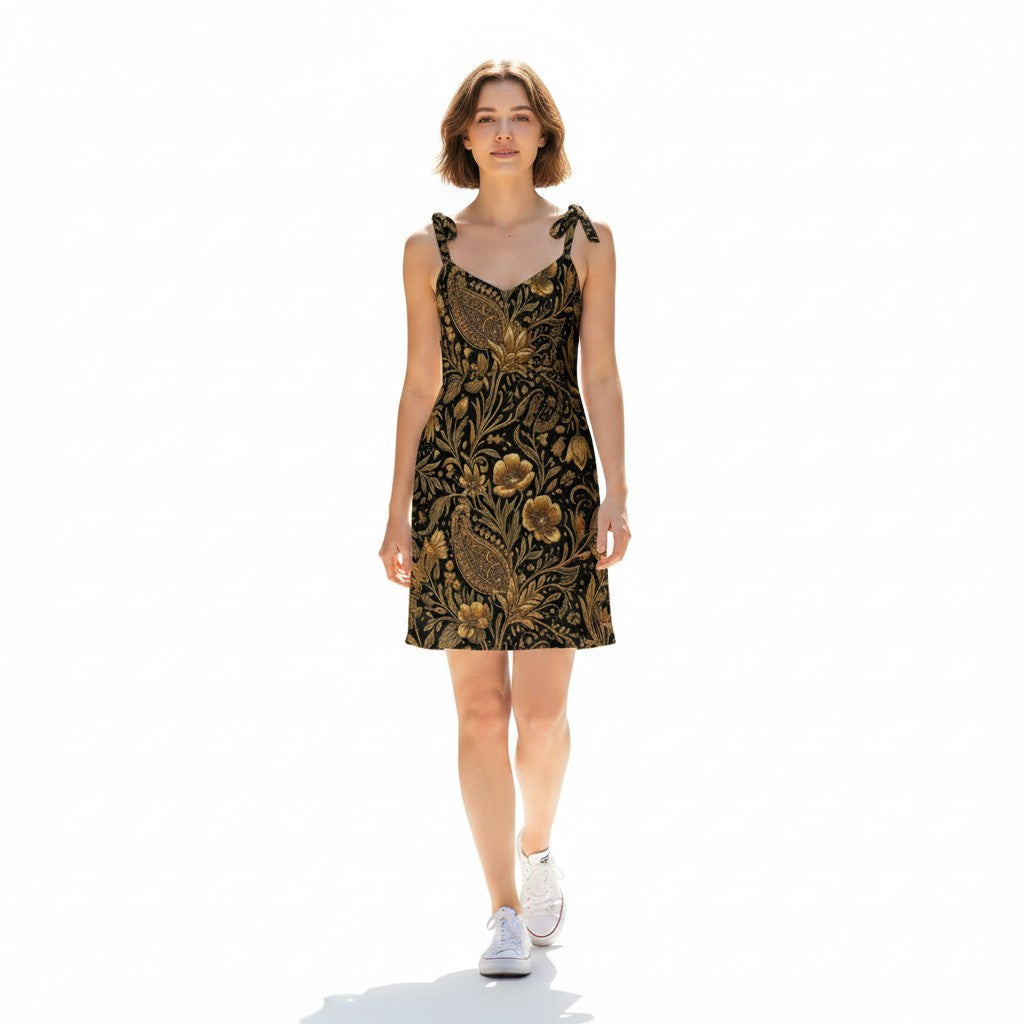 GIGI & POPO bohemian print midi slip dress in black and gold with tie straps worn by a model on white background