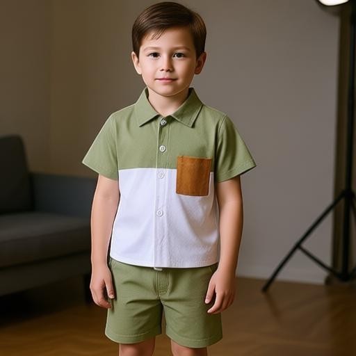 GIGI & POPO boys' olive green and white cotton-linen short-sleeve shirt and shorts set with a brown chest pocket.