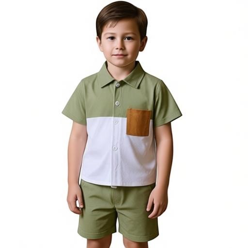 GIGI & POPO boys' summer cotton and linen shirt and shorts set in olive green and white with a brown chest pocket.