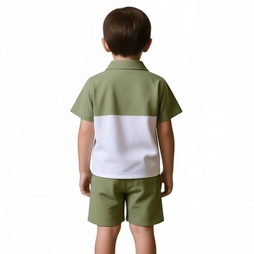 GIGI & POPO boys' olive green and white cotton-linen shirt and shorts summer casual suit, back view