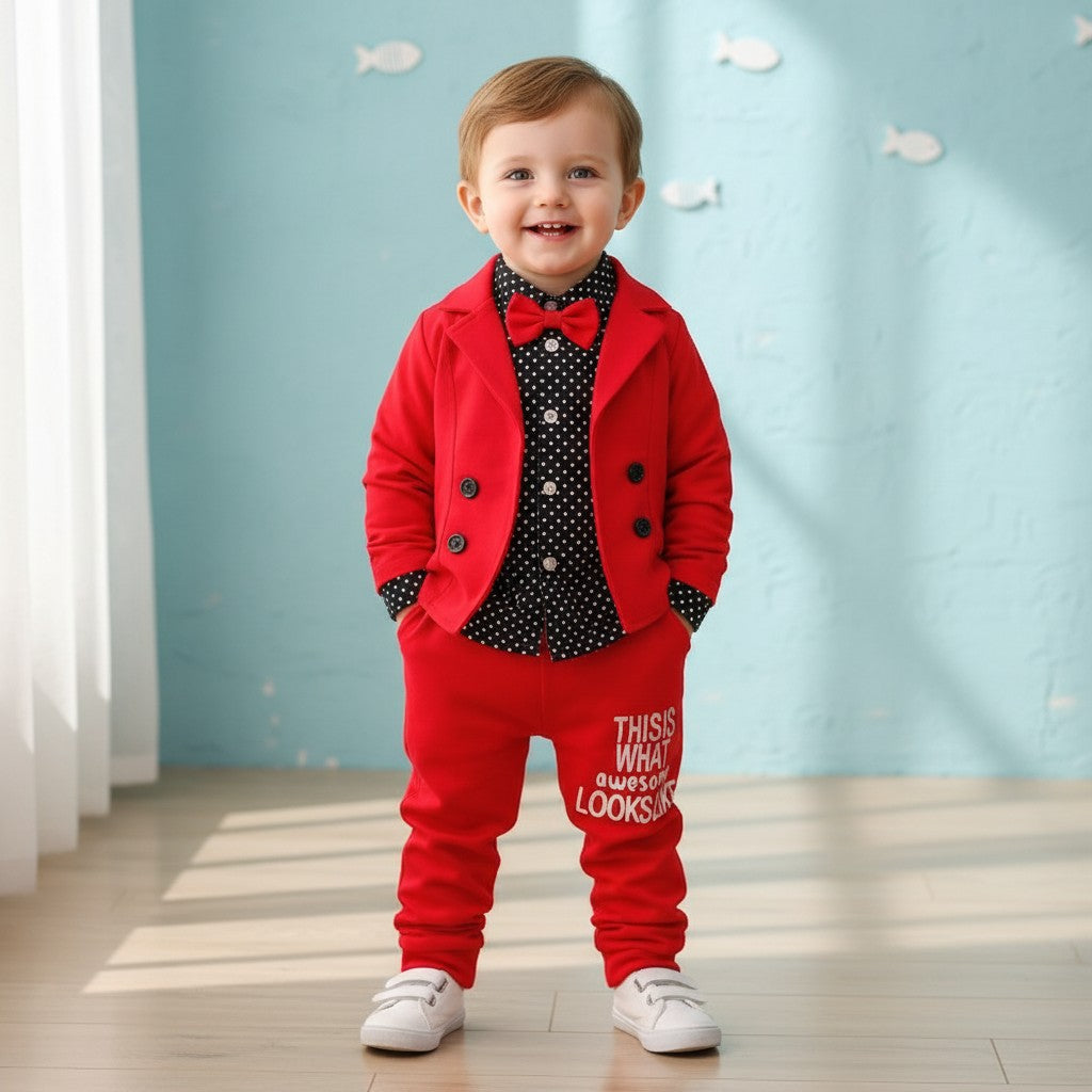 GIGI & POPO toddler boy wearing a red blazer, polka dot shirt with bow tie, and matching red trousers.