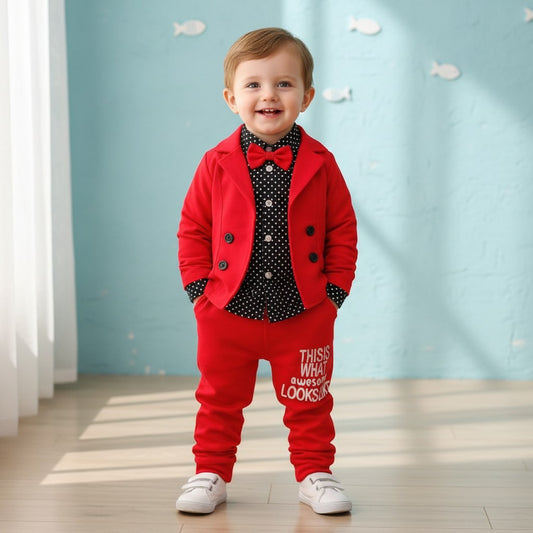 GIGI & POPO toddler boy wearing a red blazer, polka dot shirt with bow tie, and matching red trousers.