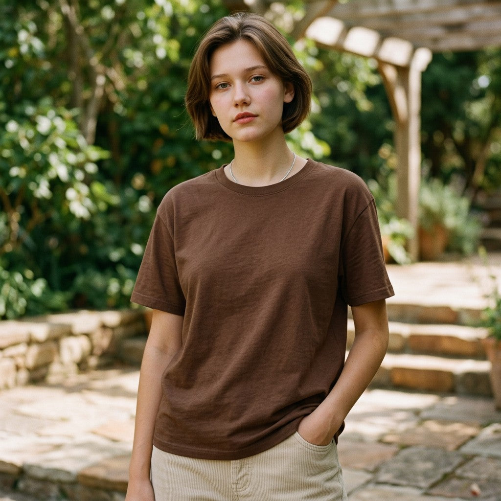 A woman wearing a brown GIGI & POPO cotton t-shirt with a classic crew neck in a garden setting.
