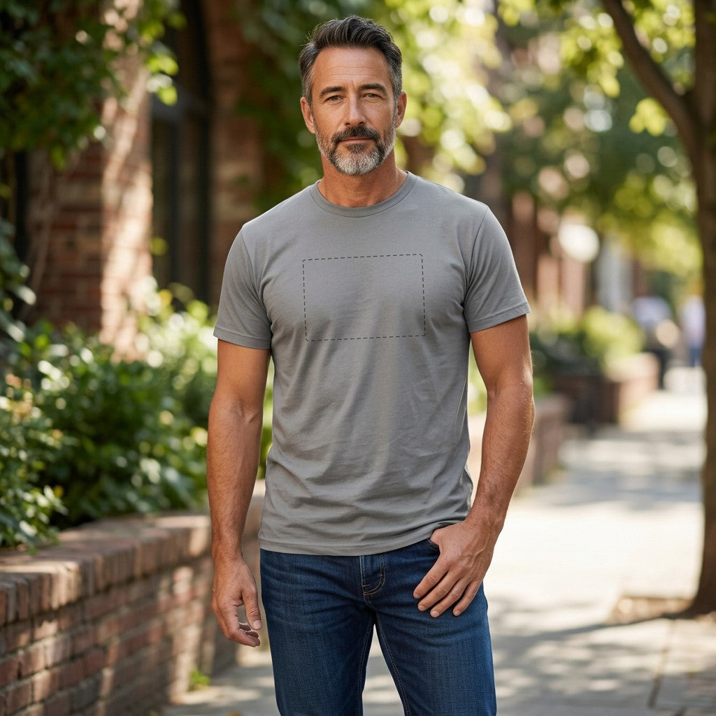 A man wearing a GIGI & POPO gray cotton crew neck t-shirt with a blank area for custom DTG printing.
